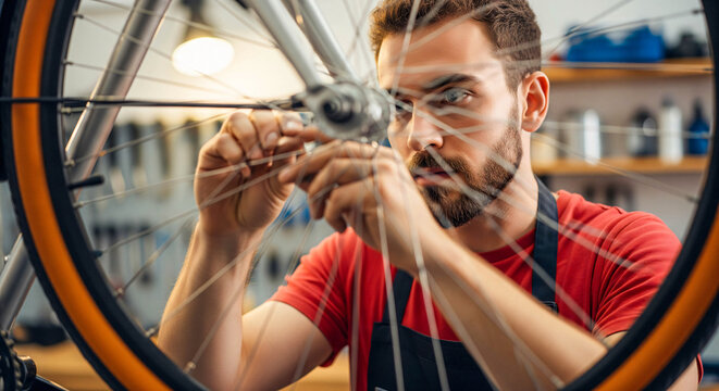 Bicycle Mechanic Adjusting Spokes on Wheel