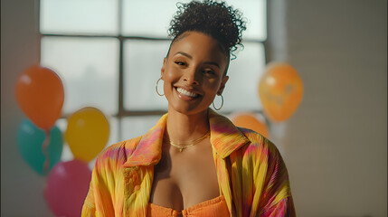 Young influencer smiling with balloons in background celebrating a milestone