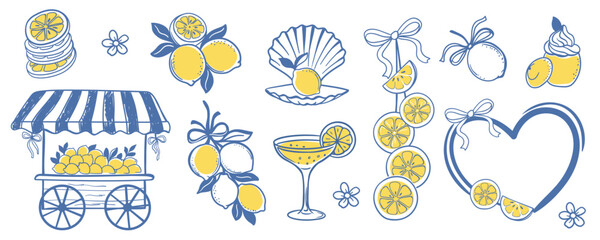 Hand-drawn doodle set with lemons, citrus slices, drinks, desserts, and decorative elements. Fresh summer style illustrations 