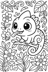 Cute chameleon catching a bee in a whimsical jungle scene for coloring
