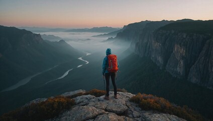 Awe-inspiring wide shot of a female hiker on a cliff overlooking a vast mountain range.