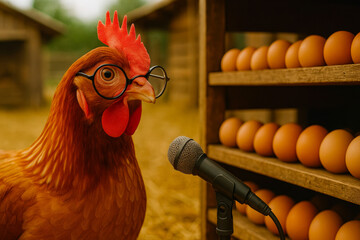 A chicken with glasses looks curiously at a microphone placed near a shelf of fresh eggs, farmyard thumbnail for webinar course Interview expert
