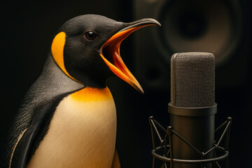 A penguin with bright markings vocalizes into a microphone, surrounded by a dimly lit studio atmosphere and audio equipment