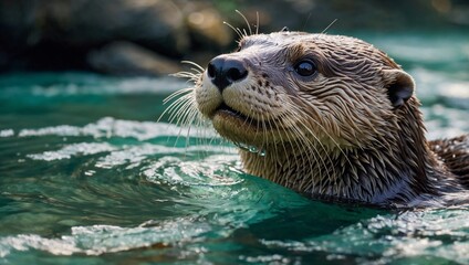 A playful otter with sleek, glistening fur glides through a crystal clear river.