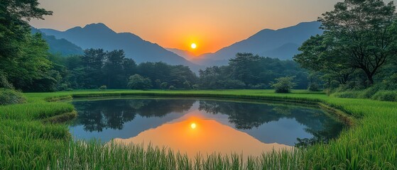 Tiered rice terraces in misty valley with sunrise and traditional house