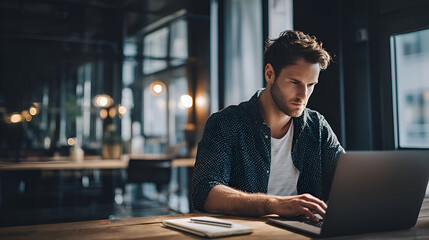 Focused freelancer working on laptop in coworking space