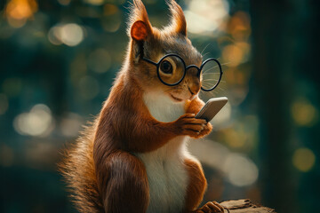 A curious squirrel with glasses is examining a smartphone while perched on a branch in a sunlit forest, showcasing its playful nature