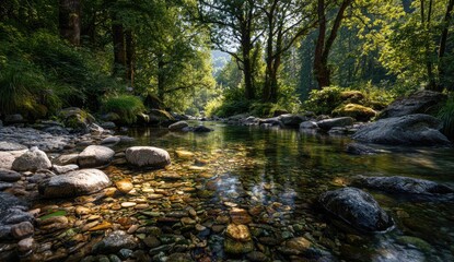 Sunlight streams through a tranquil forest stream