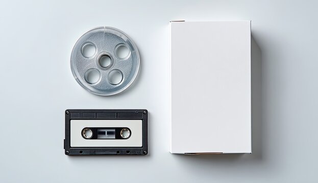 Retro audio cassette and reel tape on a light background