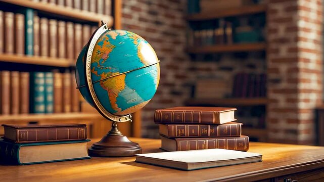 Vintage globe with stacked books on wooden desk inside classic library with shelves and warm ambient lighting