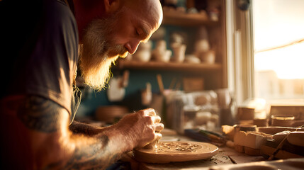 Potter creating clay plate in workshop with sunset light