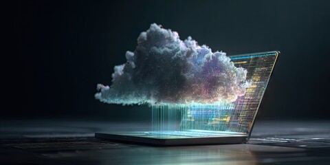Conceptual illustration of cloud computing technology emerging from a laptop screen.