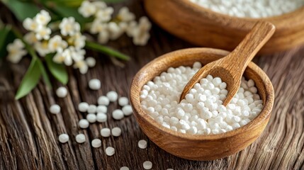 A wooden bowl filled with white, granular substance, possibly a type of cereal or granola, with a wooden spoon inside,