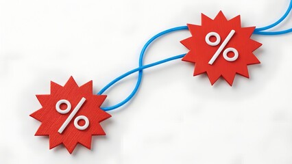 Rate Shift – Discount and Percentage Symbolism, Finance, Conceptual, Strategy, Abstract, Red Starburst Tags and Blue Wavy Line Scene