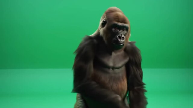 Powerful silverback gorilla actor in a realistic costume stands against a green screen background, ready for chroma key compositing