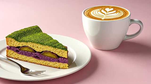 Slice of unique dessert cake beside a cappuccino on a pale pink background, on a white plate with a silver fork