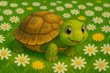 A cheerful cartoon turtle with bright green skin and big eyes sits on lush green grass scattered with white daisies, radiating joy
