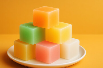Fototapeta premium Colorful Cubes Stacked on Plate orange green