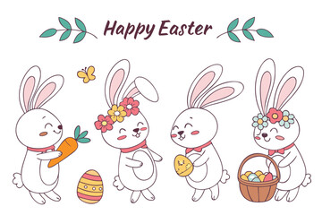 Easter bunny with colorful eggs cartoon illustration