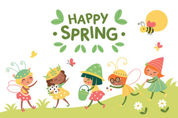 Happy birthday card with children cartoon illustration