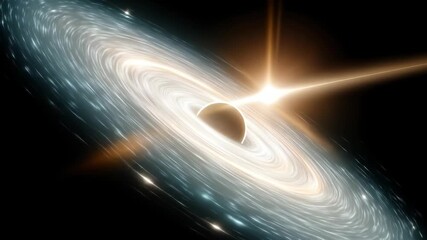 A swirling accretion disk encircles a black hole, with a bright jet erupting from its center against a backdrop of deep space - Powered by Adobe