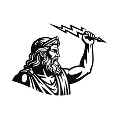 Black and White Illustration of Zeus, Greek God of Sky and Thunder, Holding a Lightning Bolt