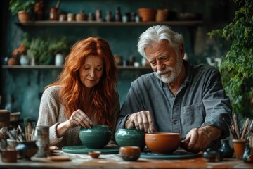 Senior couple meticulously crafting pottery, showcasing dedication and artistry in their workshop.