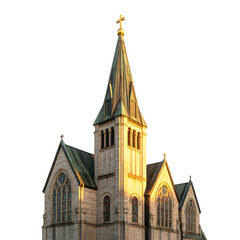 Fototapeta premium Majestic gothic church steeple bathed in golden sunlight white background