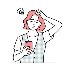 Simple vector illustration of a stylish young woman holding her head and smartphone, expressing stress or frustration with technology in a clean, modern, and minimalist design style.