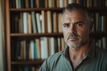 A middle-aged man with graying hair stares intently at the camera, a bookcase filled with books blurring in the background.