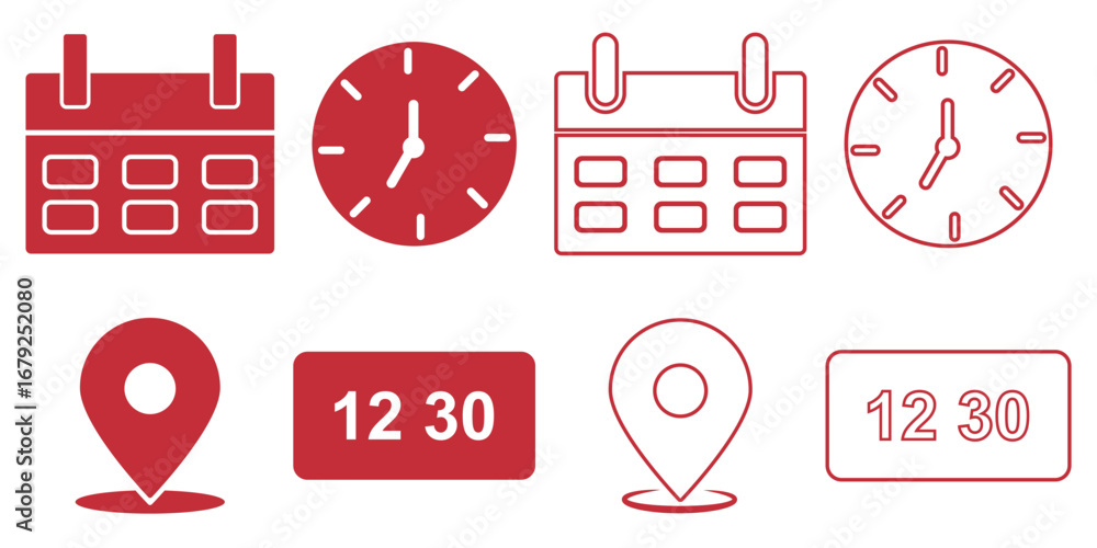 Poster time, date and address or location icons. time, date and address vector collection. calendar, clock 
