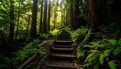 Obraz premium Lush forest path with wooden stairs (1)