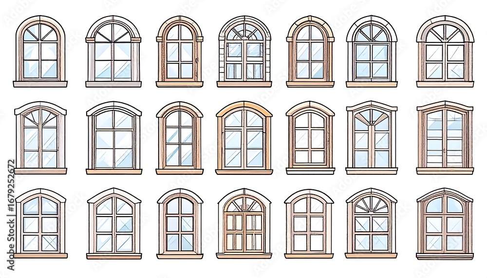 Poster a collection of various arch and rectangular window designs in a light beige and light brown color s