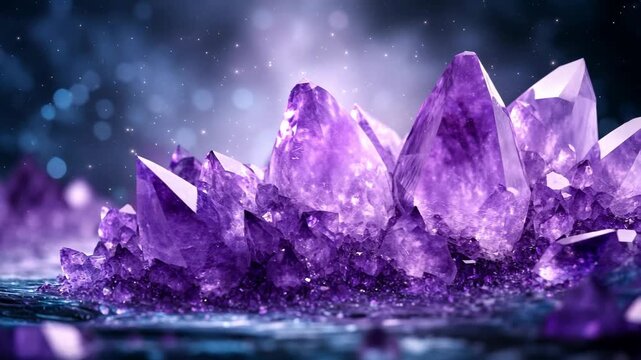 A magical video of a glowing purple amethyst crystal, a symbol of energy and healing, perfect for spiritual and wellness content.