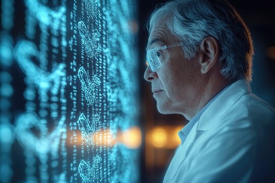 Senior scientist examining complex data on a large digital screen, possibly genetic or medical research. - Powered by Adobe