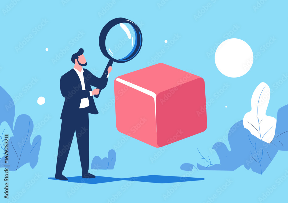 Aufkleber businessman in suit examining floating red cube with magnifying glass symbolizing analysis research 