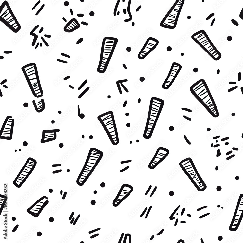 Poster hand drawn black and white exclamation mark seamless pattern with doodle warning signs and abstract 