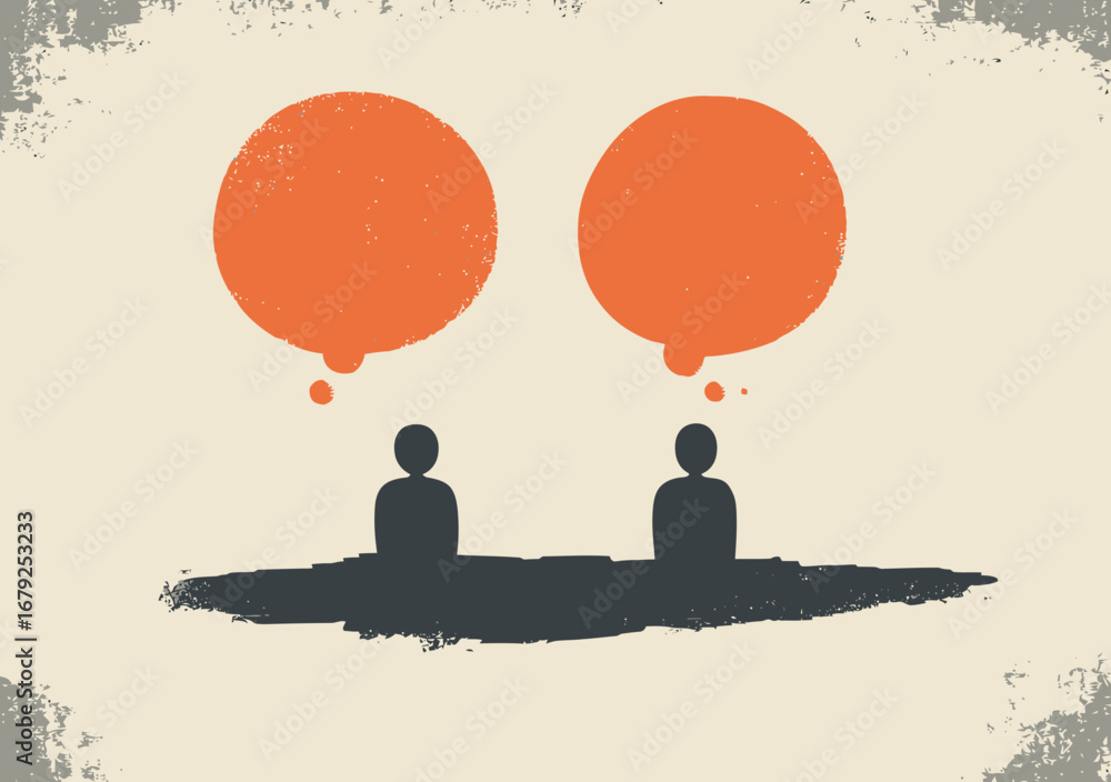 Poster silhouettes of two business people brainstorming with matching large orange thought bubbles minimal 