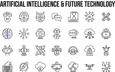 Thin Line AI and Future Technology Icon Set – Minimal Stroke Vector Symbols on White Background