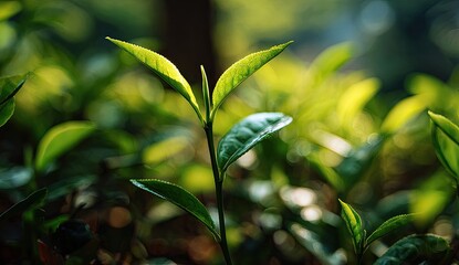 Fresh tea leaves in morning sun
