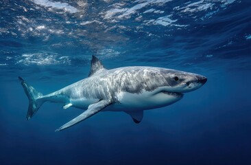 Fototapeta premium Great white shark in ocean depths
