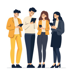 Obraz premium Group business people standing using mobile phones and tablet digital devices casual professional attire flat vector illustration