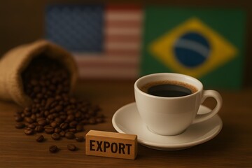 Gr&atilde;os de caf&eacute; e x&iacute;cara com o fundo com as bandeiras dos Estados Unidos e Brasil .