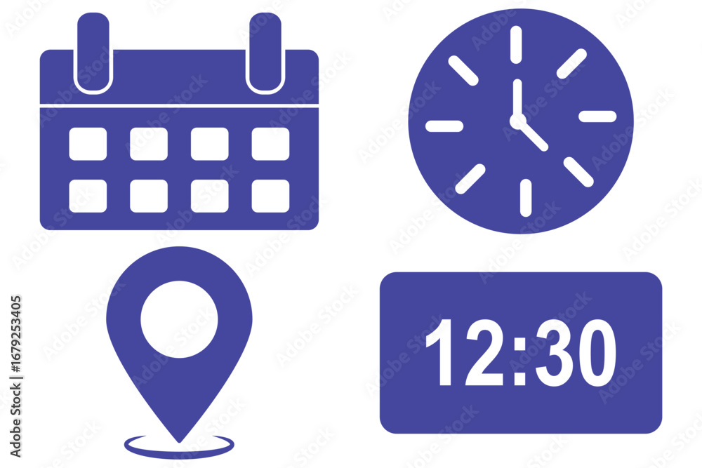 Poster vector icons of date, time and location of event in blue color for websites and graphic resources, c