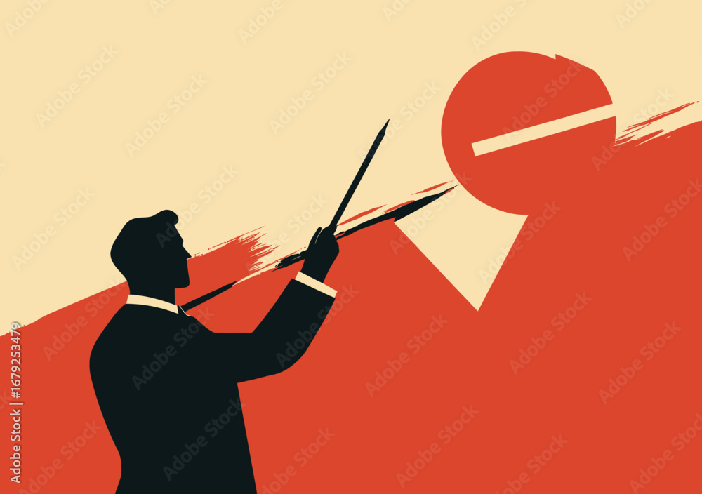 Poster silhouette of businessman holding pointer stick presenting chart with rising red circle and ascendin