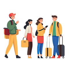 Fototapeta premium Group of four young diverse travelers with backpacks and rolling suitcases walking and using smartphone in casual clothing flat vector illustration