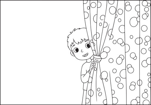 Line art illustration of curious boy peeking behind spotted curt