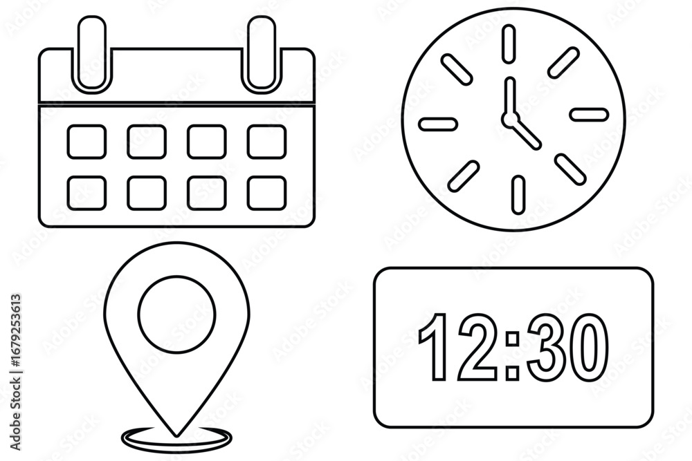 Poster vector icons of date, time and location of event in blue color for websites and graphic resources, c