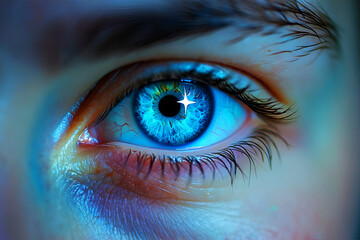 Fototapeta premium Vibrant Blue Eye With Starburst Reflection iris pupil