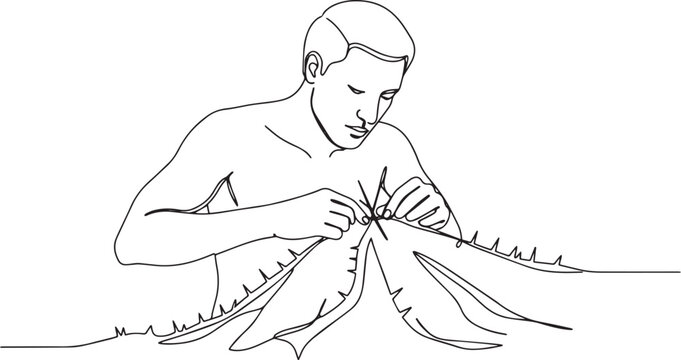Monochrome outline drawing featuring a person mending textile da